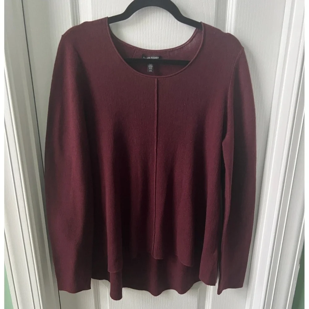Eileen Fisher Womens Pullover‎ Sweater Burgundy 100% Merino Wool High Low Size L